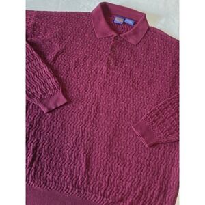 Vintage Pendleton Mens XL Burgundy Cotton Textured Knit Long Sleeve Polo Shirt